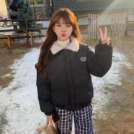 美式复古短款毛领棉服外套女冬季翻领加厚保暖棉衣设计感小众棉袄
