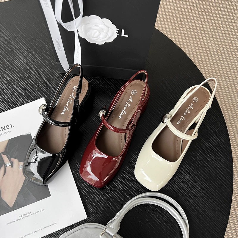 Французские боссы Sandals натуральная кожа весна-лето бордово-фиолетовый квадрат головы сказочный стиль к работе с двумя ленточками толстые каблуки Mary Jane одни туфли