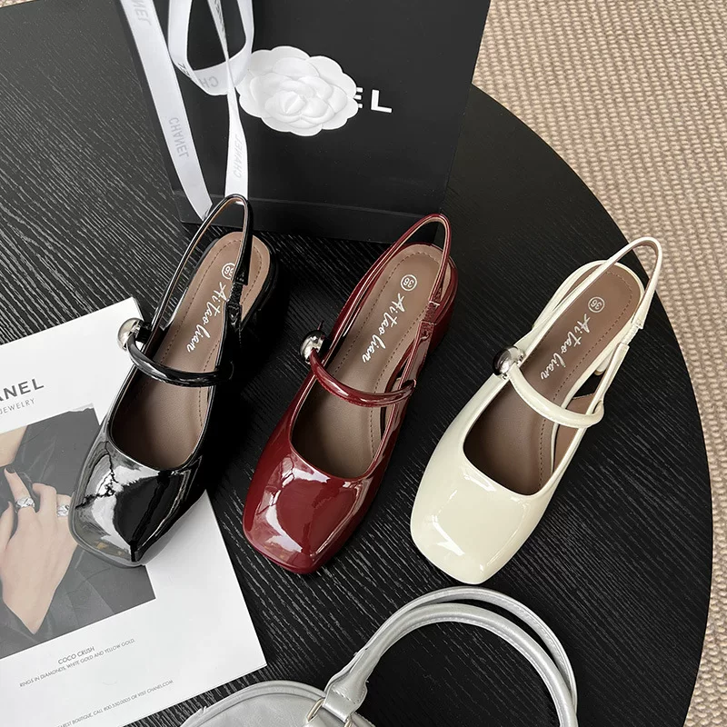Французские боссы Sandals натуральная кожа весна-лето бордово-фиолетовый квадрат головы сказочный стиль к работе с двумя ленточками толстые каблуки Mary Jane одни туфли