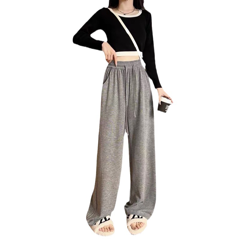 Cashmere-Like Soft Pants for Women, Autumn Lazy Style Long Straight Pants, Drawstring High-Waisted Wide-Leg Pants