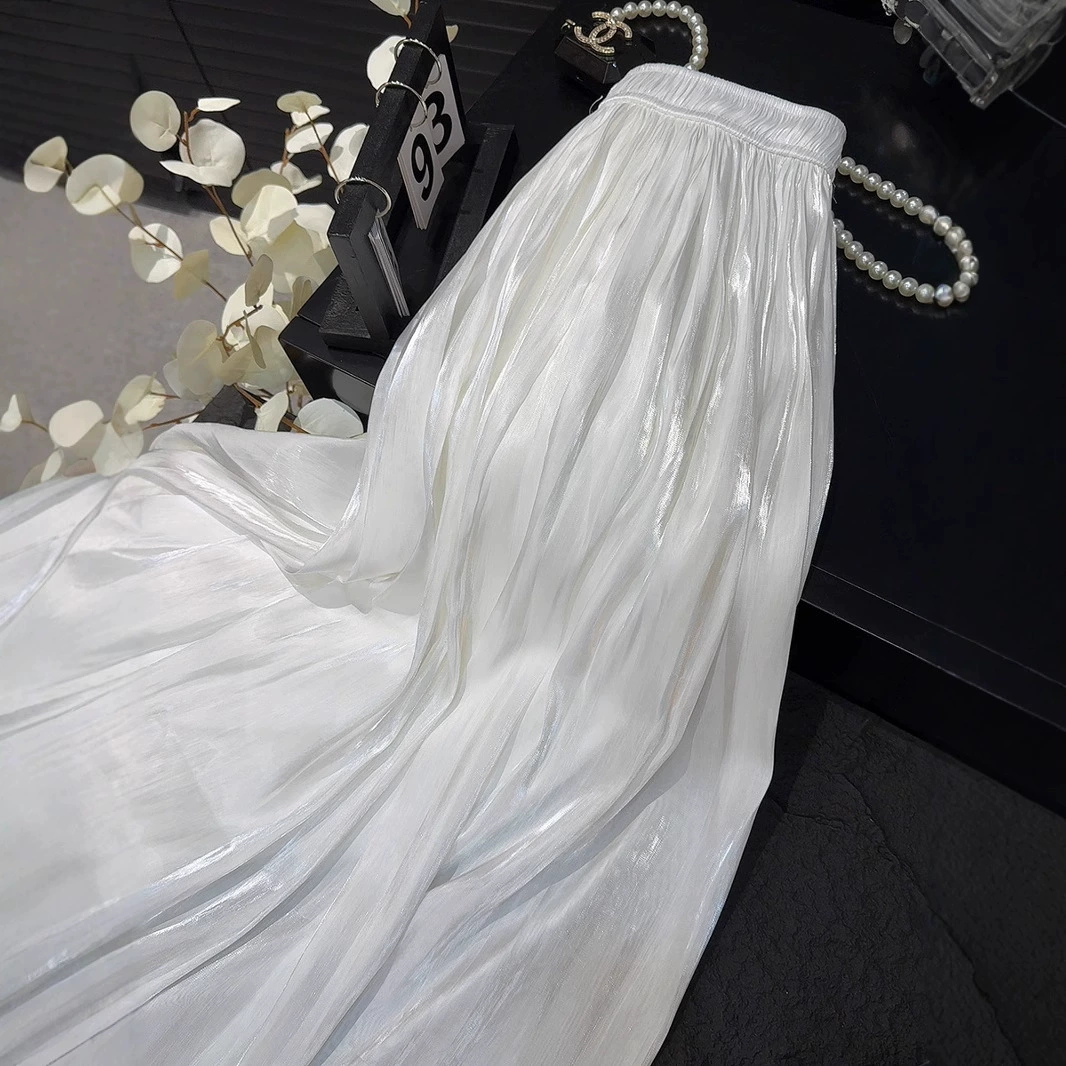 Перламутровая пряжа складчатая юбка с половинкой весной и летом женская средняя длина с высокой талией