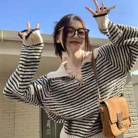 高级感超好看v领毛衣女秋冬宽松显瘦气质polo领条纹显瘦针织衫ins
