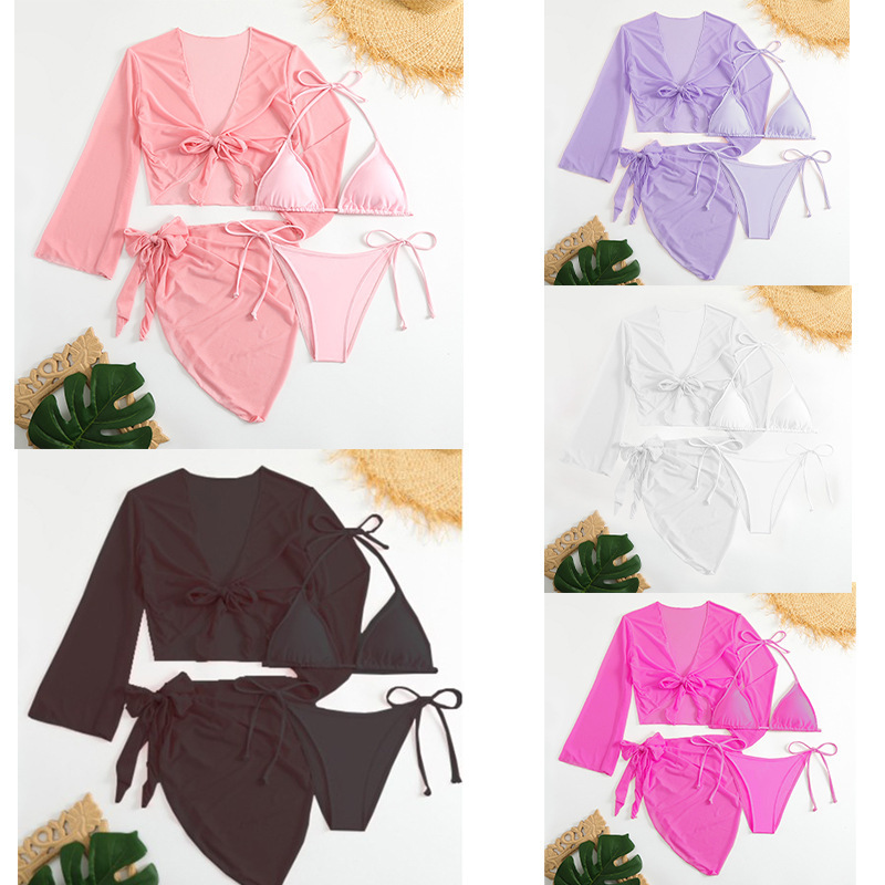 2023 European and American Amazon Cross-Border Four-Piece Bikini Pure Color Fashion Long-Sleeved Split Gauze Skirt Swimsuit Women's Slim Fit 2023 European and American Amazon Cross-Border Four-Piece Bikini Pure Color Fashion Long-Sleeved Split Gauze Skirt Swimsuit Women's Slim Fit