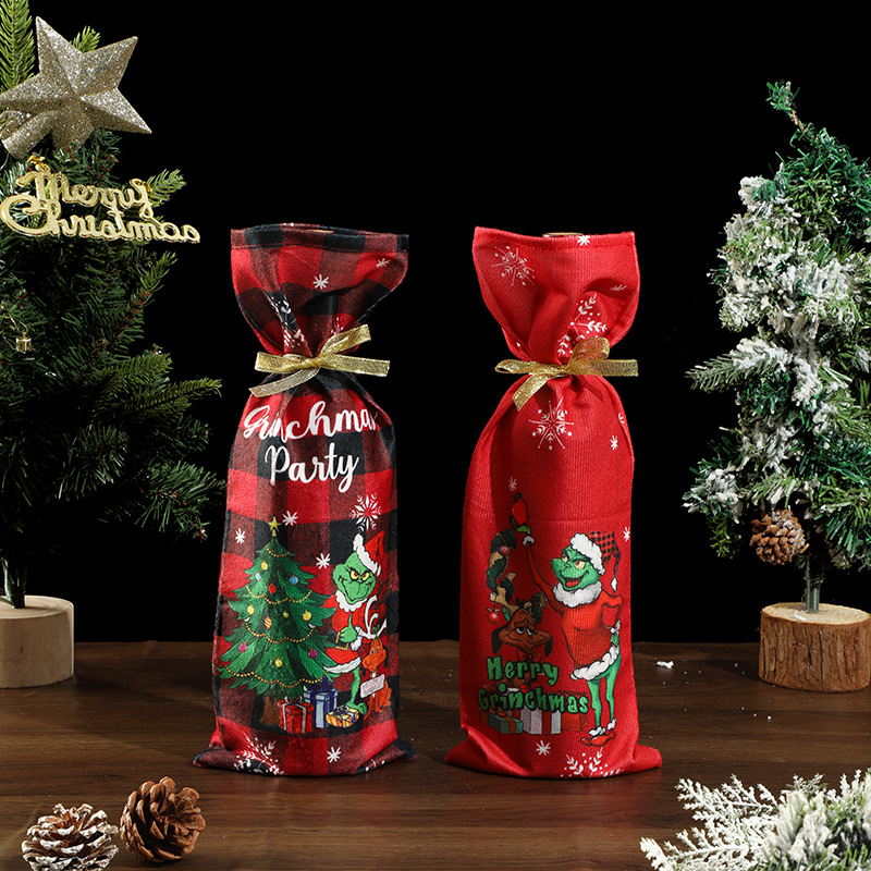 新款圣诞节格林奇酒瓶套小偷绿毛怪酒套红酒瓶桌面装饰用品红酒套