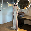 Off the shoulder bra wrap buttocks split long skirt with a high-end and elegant style wrap chest toast evening dress