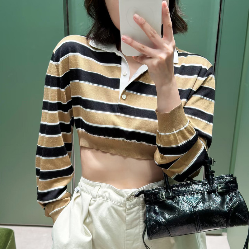 26 New College Style Striped POLO Collar Pullover Short Knit Sweater for Women, Long Sleeve Loose Casual Top Knit Sweater