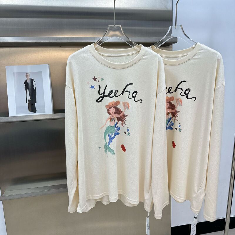 Korean-Style Niche Designer Cartoon Mermaid Long-Sleeve Printed T-Shirt for Women, Round Neck, Casual, Slimming, Oversized T-Shirt
