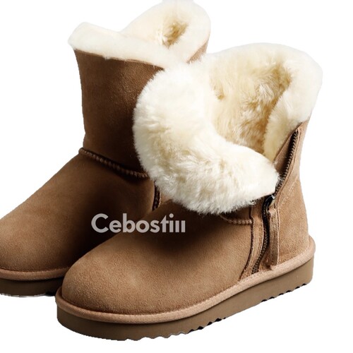 Women's Thick Sole Snow Boots, Sheepskin and Fleece Lined, Insulated and Thick Winter New Warm Cotton Boots, Mid-Calf Cotton Snow Boots