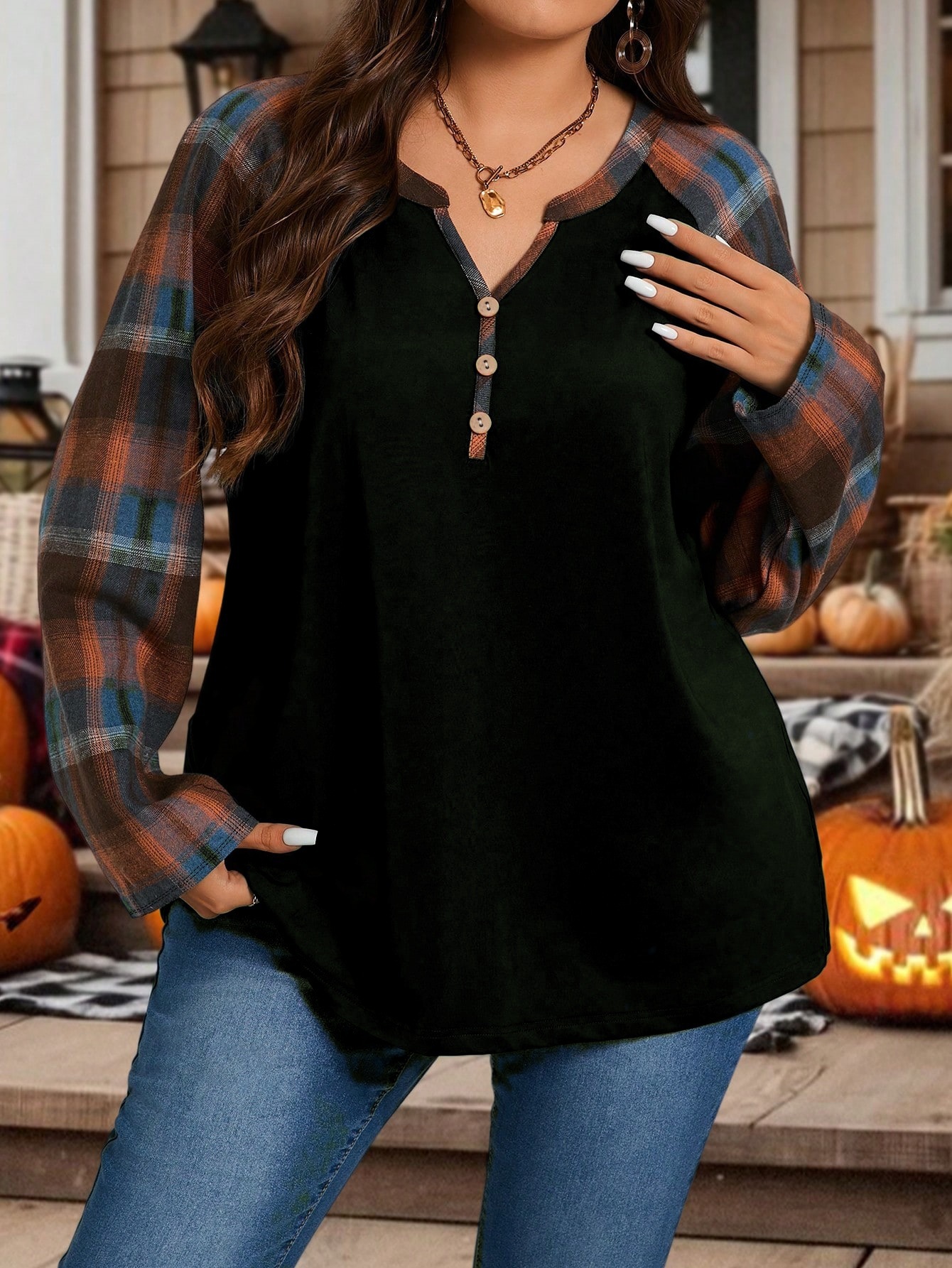 Transfronterizos de moda de gran tamaño de mujer primavera, otoño, invierno, retro empalme, camisa de manga larga, Halloween, elementos festivos relajados image 5