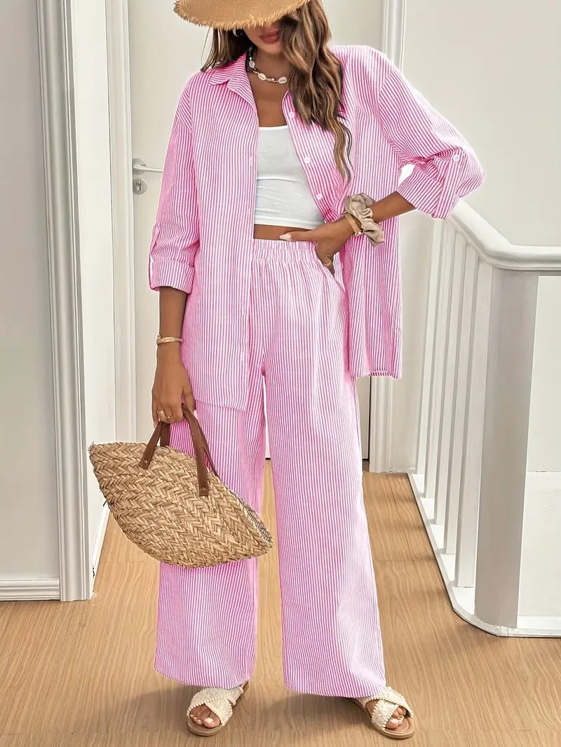 Women's Clothing Elegant Casual Striped Shirt And Straight Leg Trousers Two Piece Set_ecoleips.com