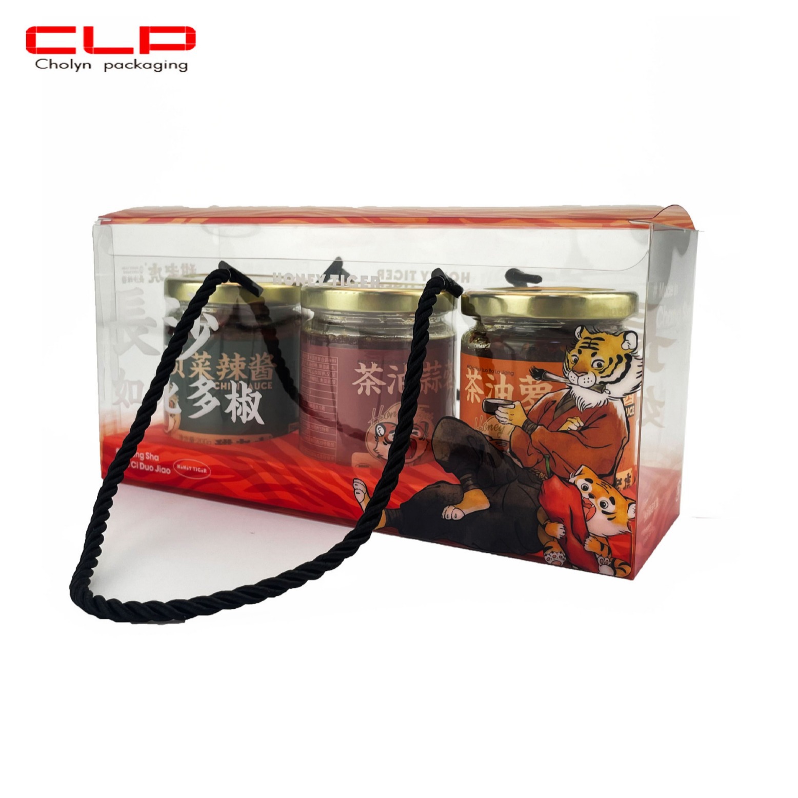 手提pvc塑料盒透明pet甜老虎辣椒酱手提绳包装盒彩印pp磨砂手提盒