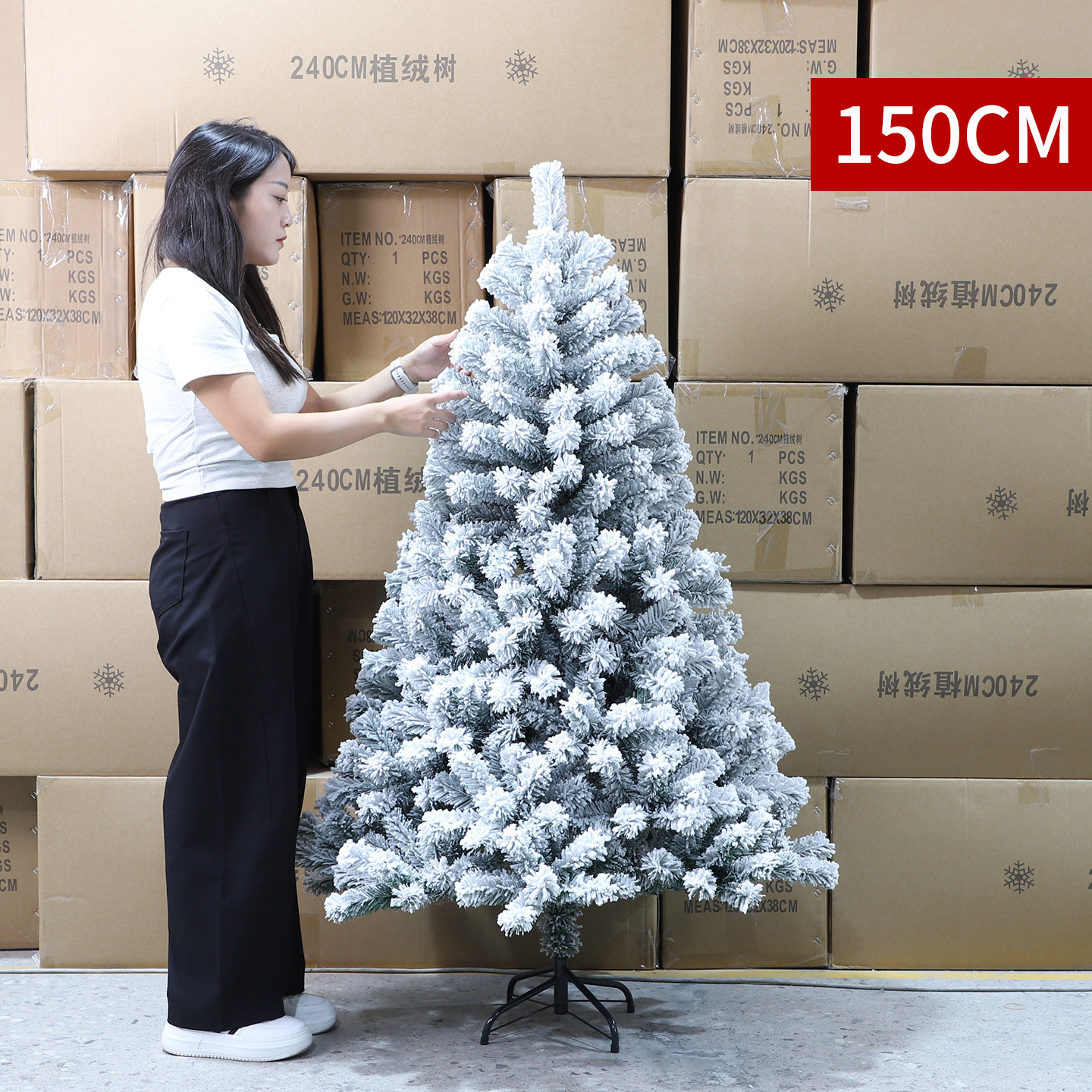 Árbol de Navidad puro PE mezclado PVC nieve flocado árbol desnudo blanco decoración de Navidad pleno pe árbol de Navidad precargado luz