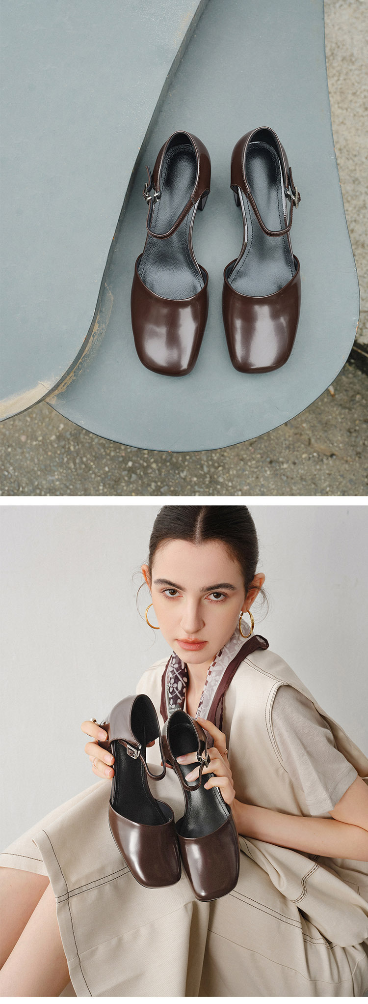 Giày sandal cao gót nữ quai ngang mũi vuông gót 5 cm — màu nâu chi tiết 5