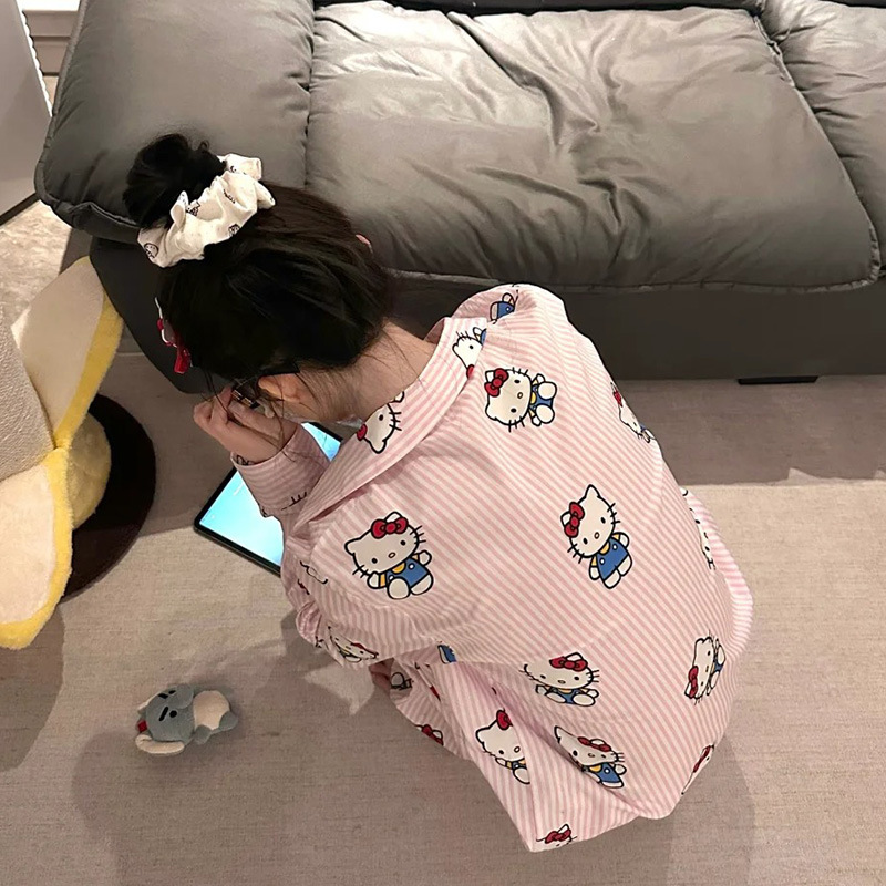 2025新款条纹kitty猫冰丝睡衣女春秋季长袖休闲风家居服夏天短袖|undefined