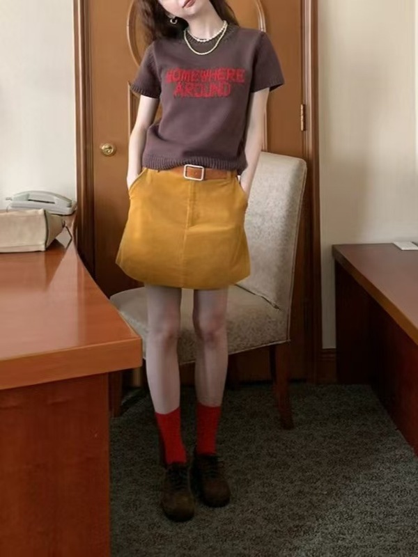 复古字母短袖针织衫2025秋季韩版撞色短款圆领上衣女|undefined
