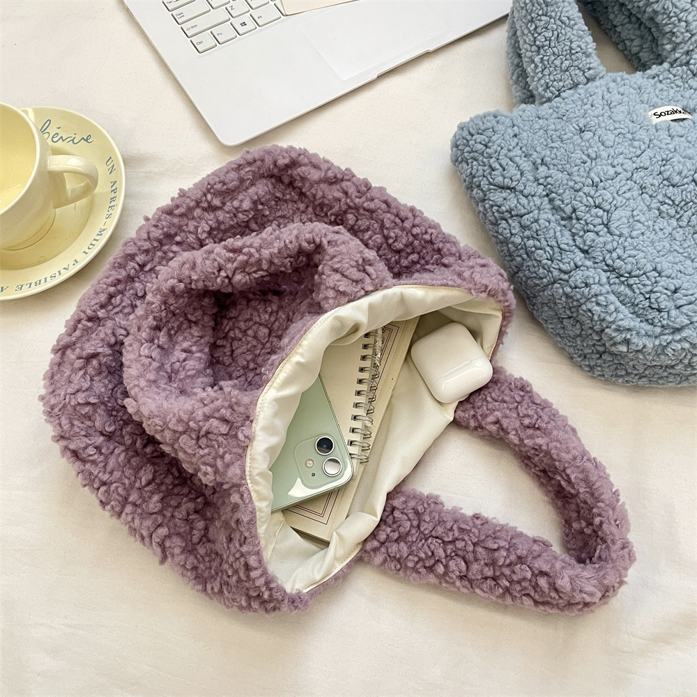 Korean Style Solid Colour Plush Handbag Women's Shoulder Bag_voghion.com