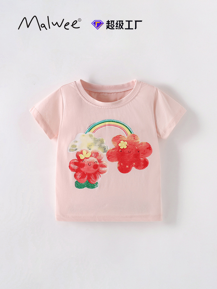 Malwee camiseta de niñas verano nuevo estilo europeo y americano para niños de cuello redondo impresión lindos mangas cortas ropa casual para niños