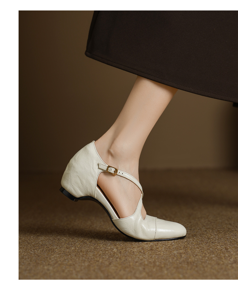 Giày sandal cao gót nữ quai ngang mũi nhọn da dê, gót vuông ổn định — đen chi tiết 13