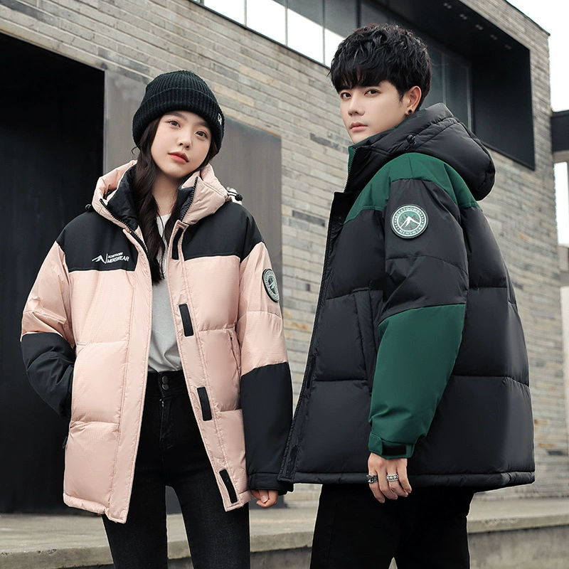 Пуховик для пары, новый зимний контрастный пуховик с вышивкой для мужчин и женщин, уличная свободная утепленная теплая спортивная куртка