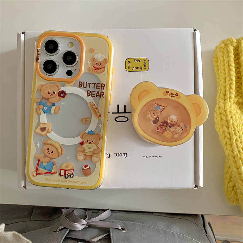Lindo y divertido oso de mantequilla para iPhone16PRROMAX creativo 14/15Pro magnético 13p corazón de niña