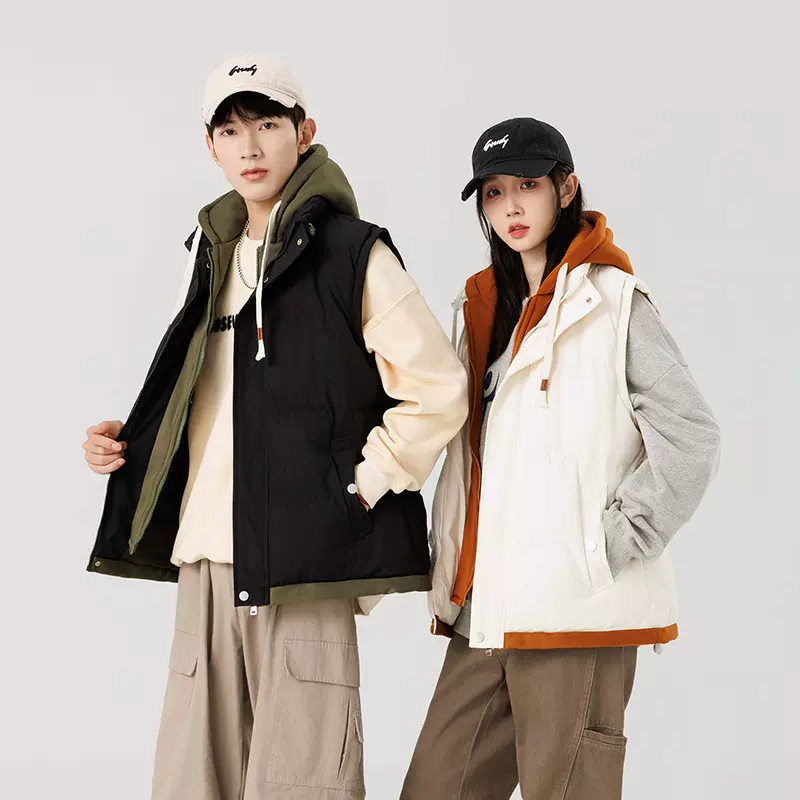 青少年石墨烯羽绒棉服马甲男秋冬季中学生假两件宽松情侣连帽外套