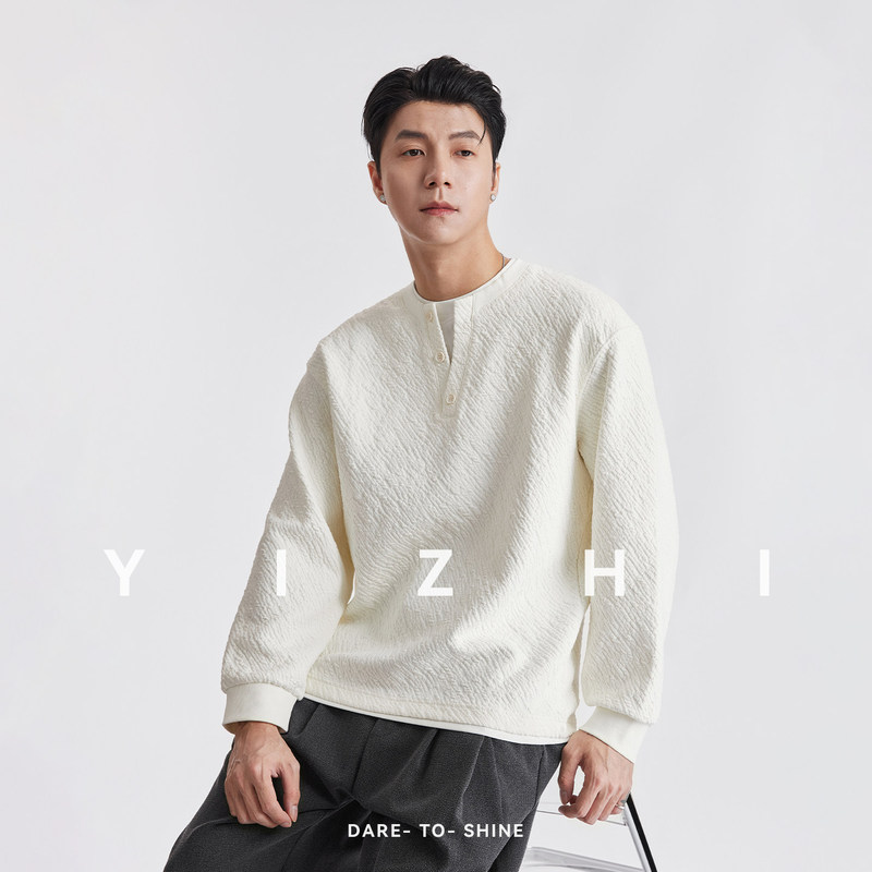 Heavyweight 350g Long-Sleeve Men's 2026 Autumn Faux Two-Piece Sweatshirt, Heavyweight Base Layer Henley Collar Pullover Heavyweight 350g Long-Sleeve Men's 2026 Autumn Faux Two-Piece Sweatshirt, Heavyweight Base Layer Henley Collar Pullover