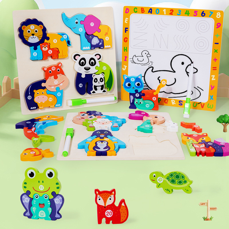 Puzzle de madera tridimensional de crecimiento tablero de dibujo dos en uno juguetes de bloques de granos para niños juguetes de madera de educación temprana