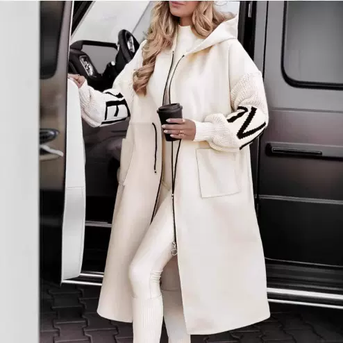 高品质2024新款亚马逊独立站欧美长款带帽风衣拼毛衣外套女秋冬