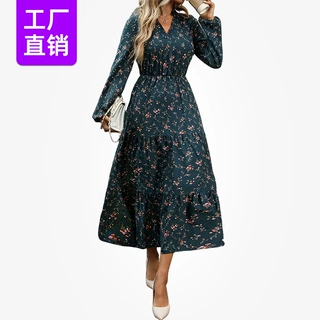 跨境工厂欧美风碎花印花连衣裙V领收腰荷叶边长袖通勤女士中长裙
