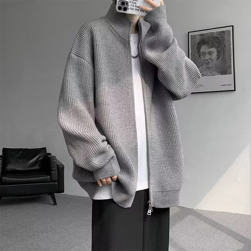 Retro Color-Block Cardigan – Oversized Stand Collar Sweater With Dual-Zip (M-3XL, Grey/Black)_voghion.com