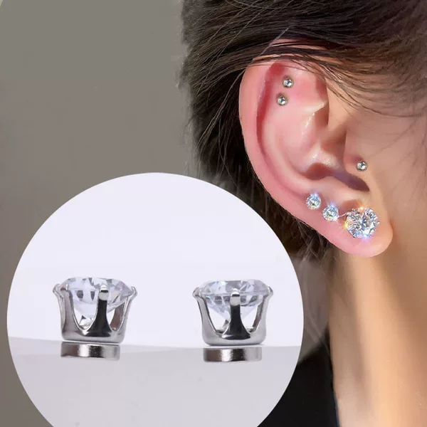 Cross-Border Supply: Stainless Steel Zircon Magnetic Clip-On Earrings Without Piercing, Dazzling Magnetic Stud Earrings, Factory Wholesale