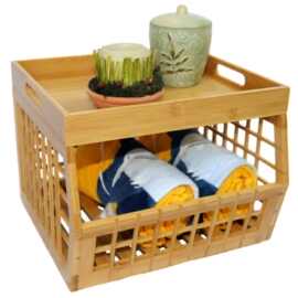 跨境竹制储物箱多用可堆叠的前开式储物箱带竹制托盘盖收纳