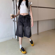 黑灰色高腰阔腿宽松牛仔裤女夏季2025新款显瘦复古直筒七分中裤潮