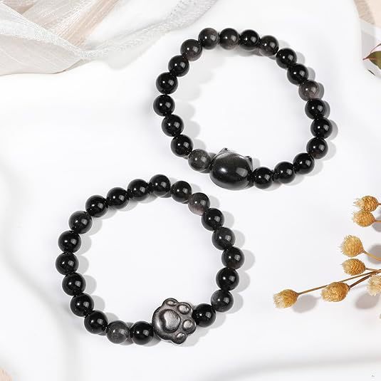 【情侣刻字代发】天然黑曜石猫咪银曜石猫咪猫爪手串情侣闺蜜手链