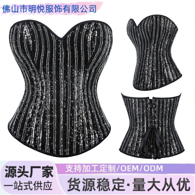 New Silver and Black Sequin Body Shaping Tops for Women, Tube Tops, Breast Support, Palace Corsets, Strapless Intimates, Bone Clothing Supply