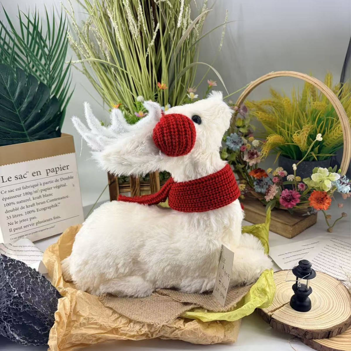 Oreo rojo envoltura cuello manta blanca de ciervo artesanía decoración navideña decoración de tiendas de hogares en línea al por mayor