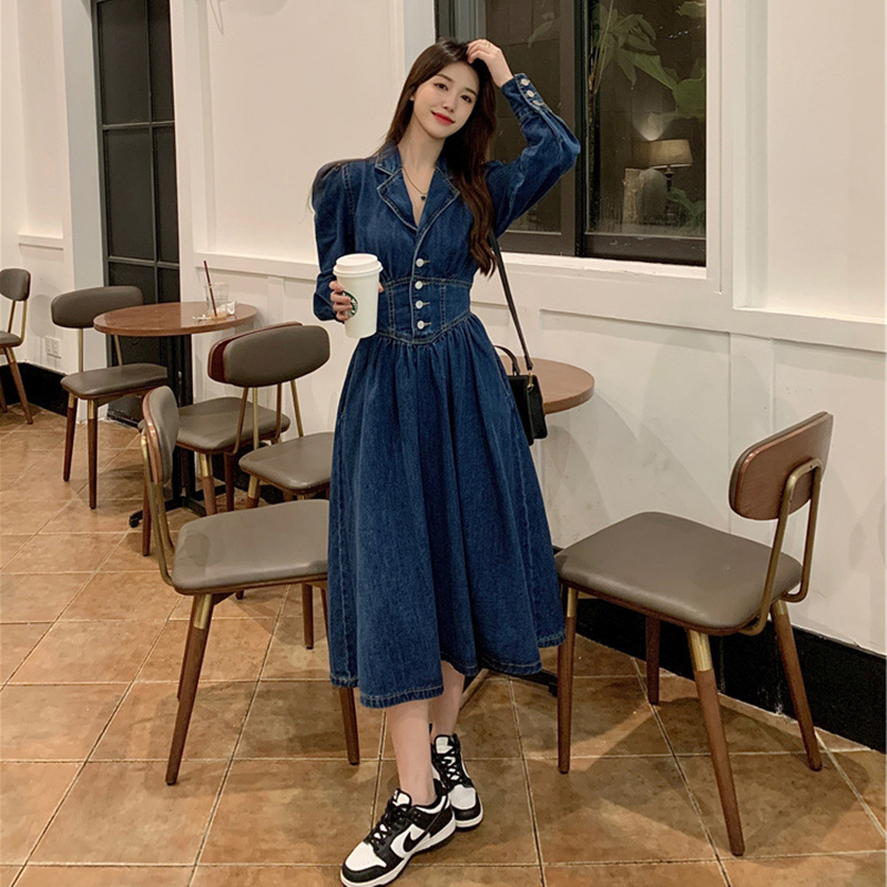plus size chubby girl Backless Denim dress Women's Spring and Autumn Covering Belly Tight Waist French Style Retro Hong Kong Style Tea Break Long Skirt