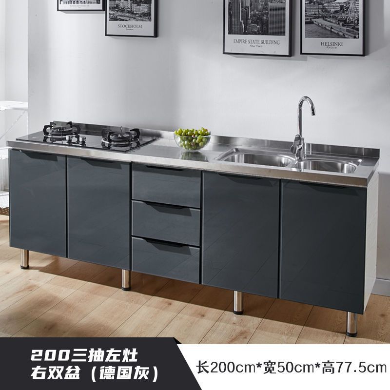 2 meters, three drawers, left stove and right double basin
