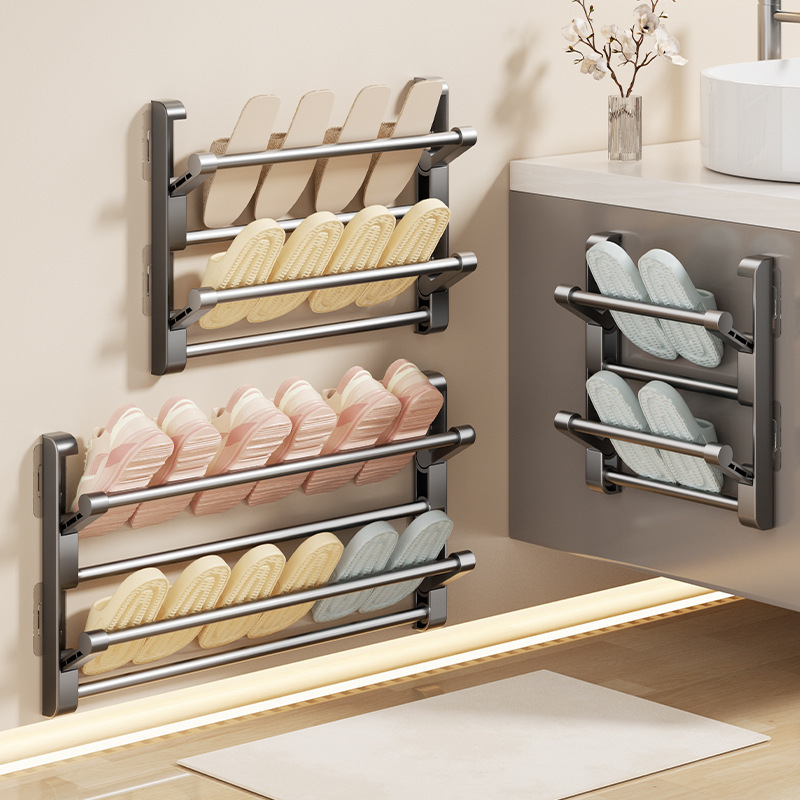 Bathroom Slipper Rack Wall-Mounted Punch-Free Bathroom Door Shoe Rack Drain Multi-Functional Folding Shoe Storage Rack