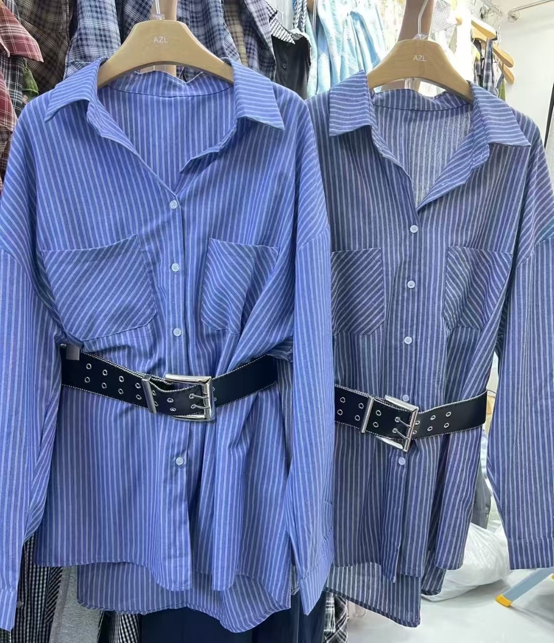 早秋新款韩版十三行宽松搭配腰带设计感通勤显瘦条纹衬衣开衫