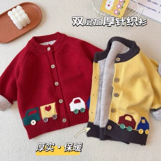 儿童双层厚实保暖针织衫！冬季新款男女童卡通汽车毛衣开衫外套潮