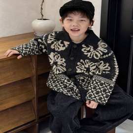 韩版童装秋冬新款女童复古提花毛衣宽松慵懒风翻领针织开衫外套潮
