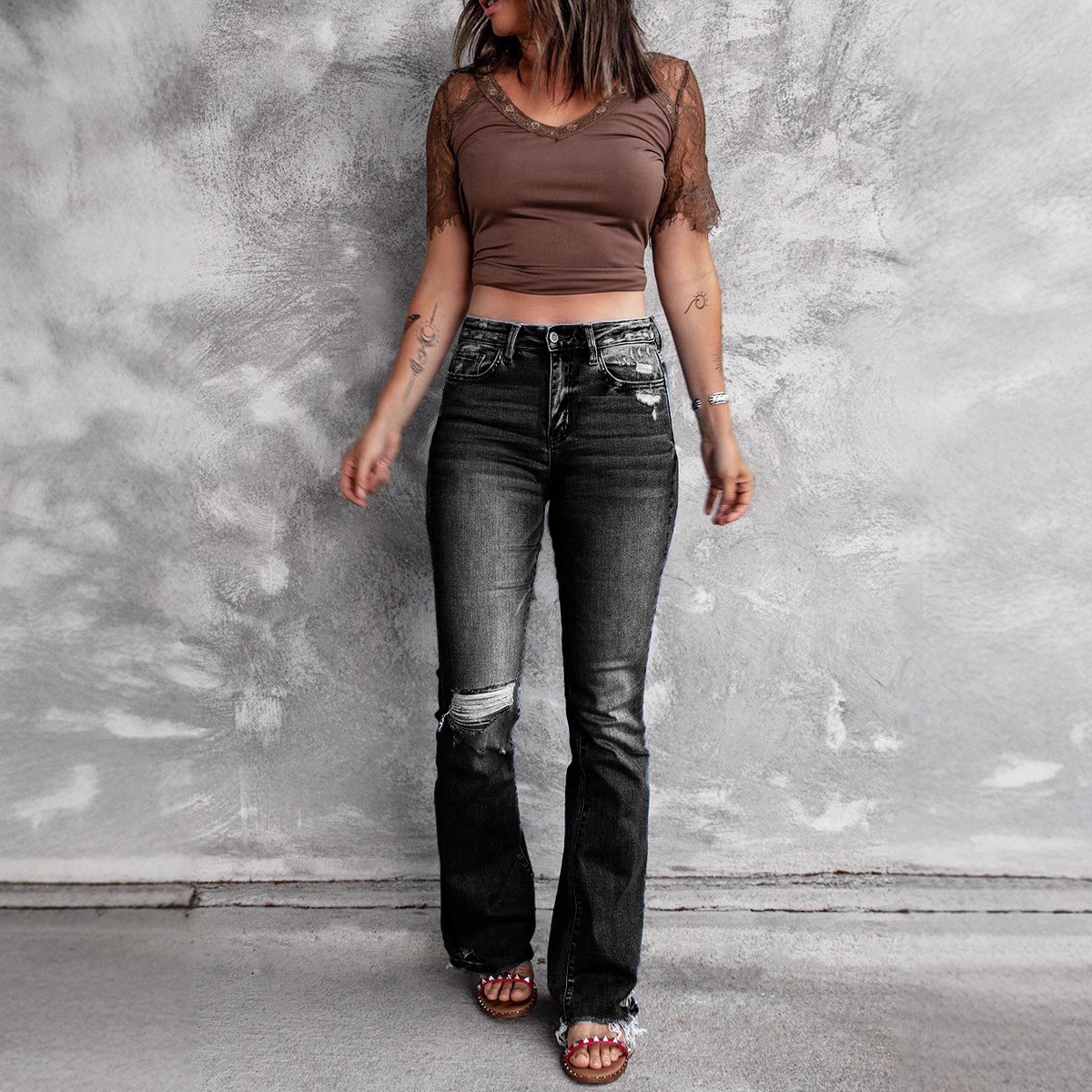 Jeans Acampanados de Cintura Alta para Mujer de Mezclilla, Alta Elasticidad, Rasgados, Borde Deshilachado, para Uso Casual image 3