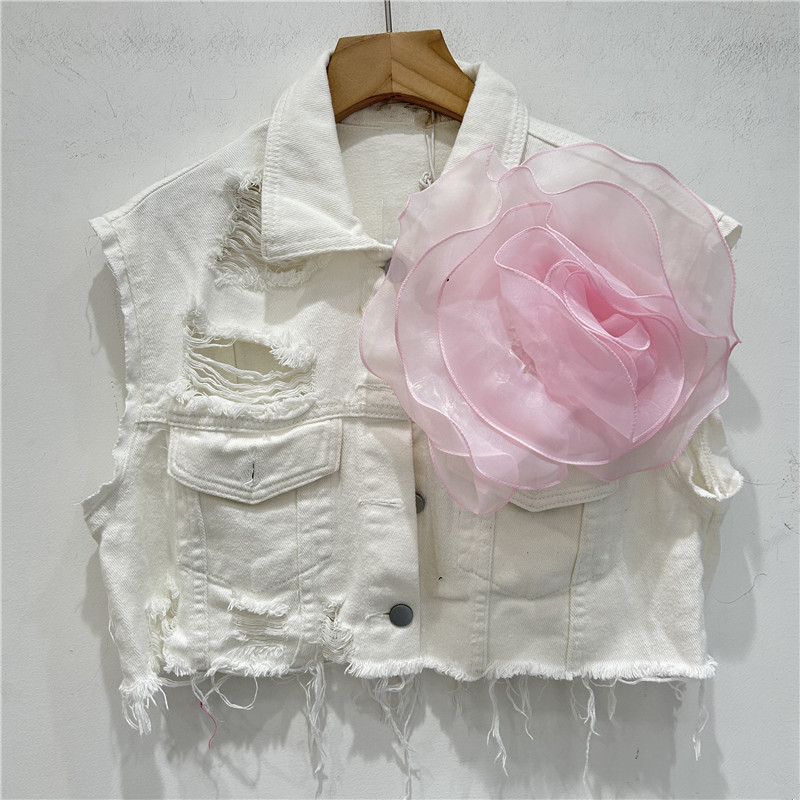 Personalidad europea agujero de bordes de lana chaqueta de vaquero chaqueta de mujer con flores tridimensionales 2024 nuevo clip de caballo corto image 6