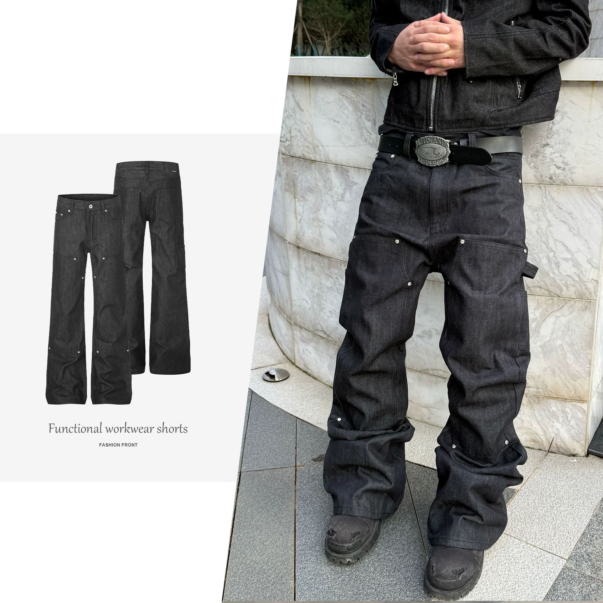 【JMWH】FARSTA Heavyweight Raw Denim Loafers Pants with Rhinestone Trim A-line Flare Jeans, Unisex