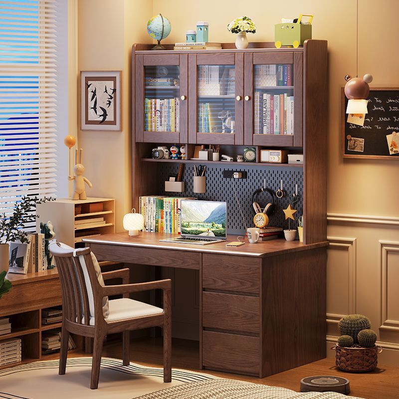 Solid Wood Embossed Desk Bookshelf Integrated Desk Home Computer Desk Large Capacity Storage Student Writing Study Desk