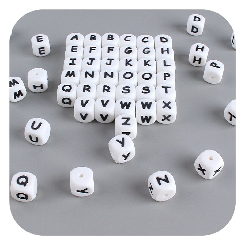 12mm bebé suministros 26 silicona inglés cuentas DIY nombre chupete cadena mordedor Accesorios