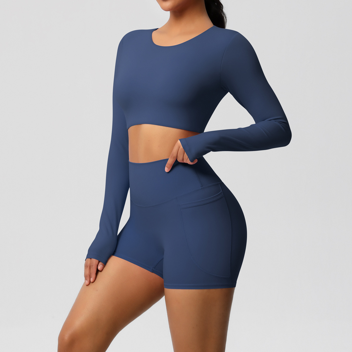 Transfronterizos europeos y estadounidenses de color sólido de doble cara nylon molido con peito conjunto de ropa deportiva de ejercicio de dos piezas conjunto de mujeres