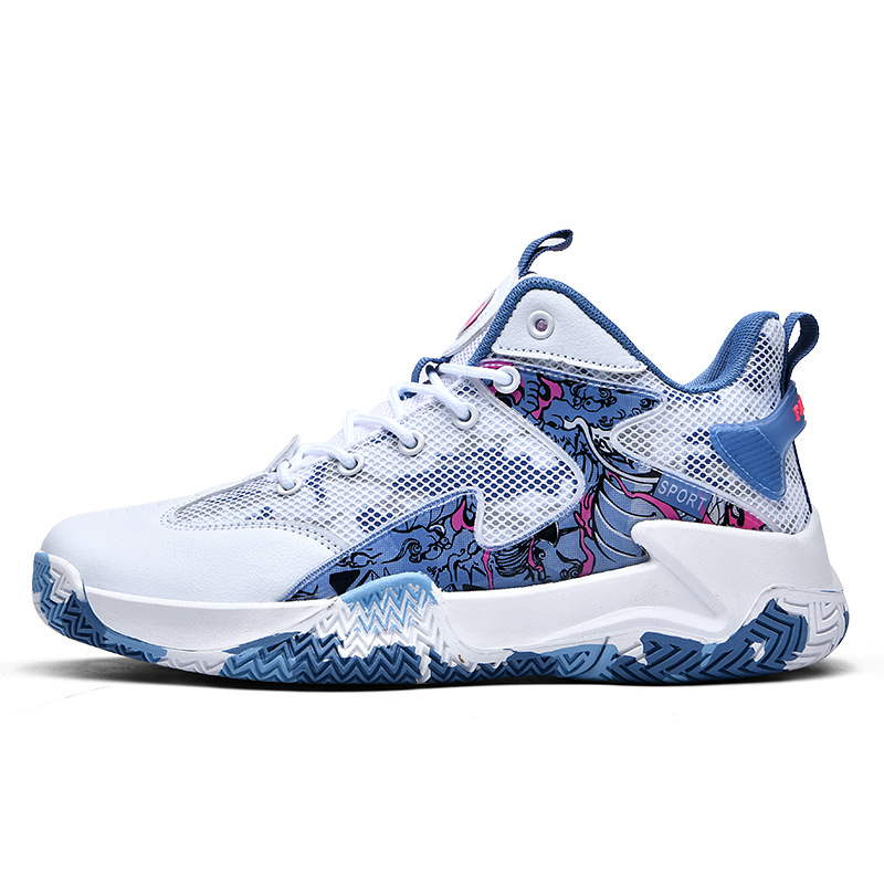 Zapatos transfronterizos para hombre, zapatos de baloncesto de punto con mosca, zapatos deportivos de verano de caña alta, zapatos de entrenamiento para estudiantes jóvenes de camuflaje de malla de moda image 13