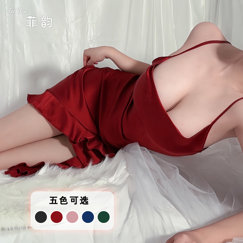 Feiyun Net red style new strap nightdress sexy charming ruffled bottom slit pajamas home wear 635